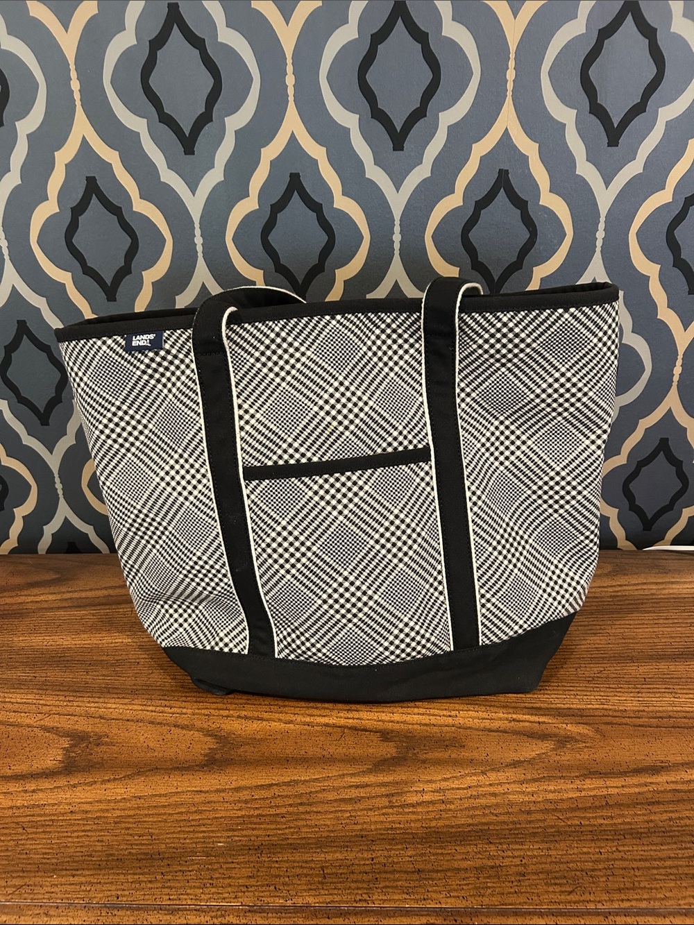 Lands' End Large Black and White Plaid Canvas Tote with long Straps with Zipper - Picture 2 of 6